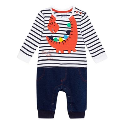 bluezoo Baby boys' navy and white striped print dinosaur applique mock romper suit